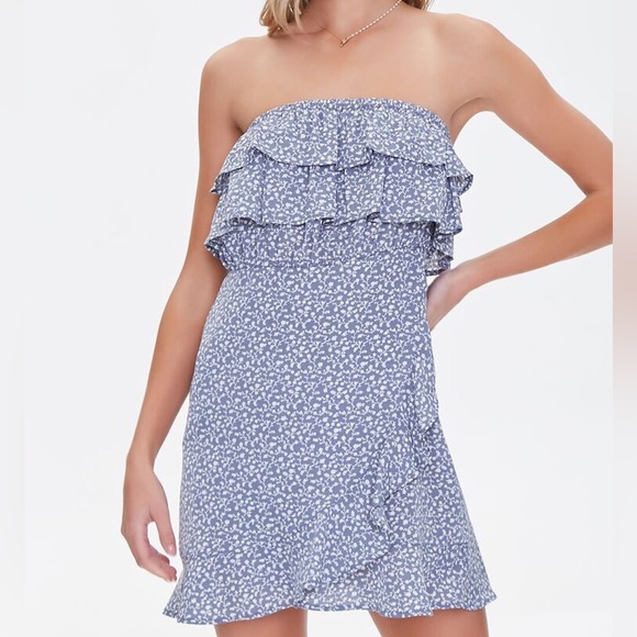 Strapless Floral Blue Mini Dress - Picture 1 of 3